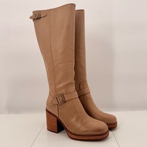 Korks Karalyn Knee High Cream Tan  Buckle Block Heeled Riding Boots Boots